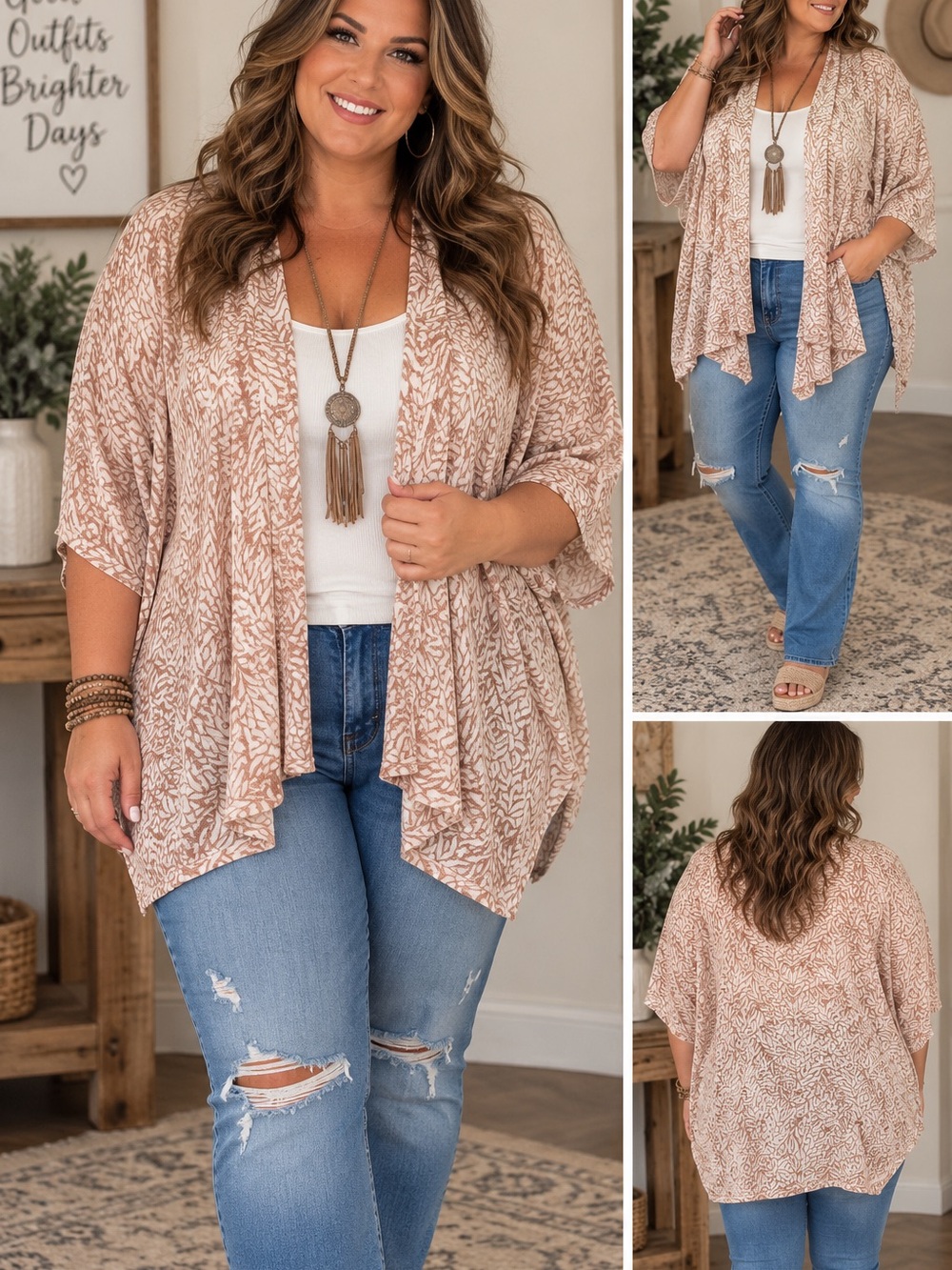 LOFT Beige Printed Open-Front Kimono